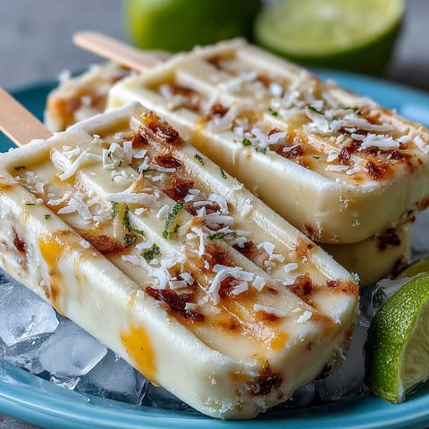 Creamy Mango Greek Yogurt Popsicles with Lime and Coconut, a refreshing frozen treat for hot summer days.