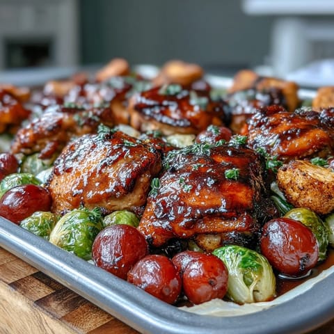 Tender balsamic chicken paired with golden Brussels sprouts and sweet roasted grapes on a single sheet pan.