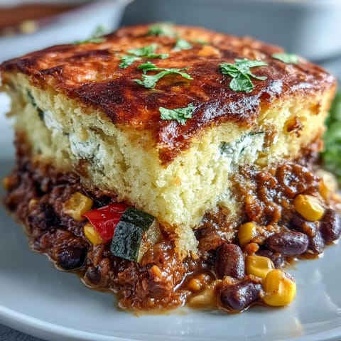 Vegan Taco Pot Pie with Black Beans and Cornbread-Style Topping in a golden, fluffy casserole topped with hearty taco-seasoned filling.