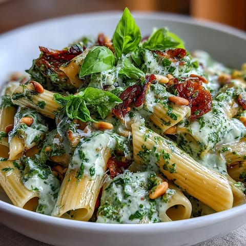 Cream cheese pesto pasta with fresh basil, toasted pine nuts, and Parmesan in a creamy sauce.