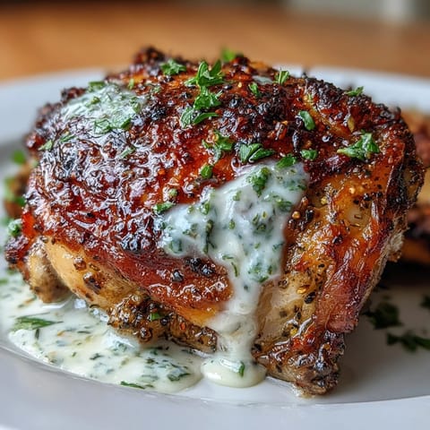 Roasted zaatar-spiced chicken thighs with a velvety tahini-garlic drizzle, offering bold Middle Eastern flavors and a satisfying, gluten-free meal.  