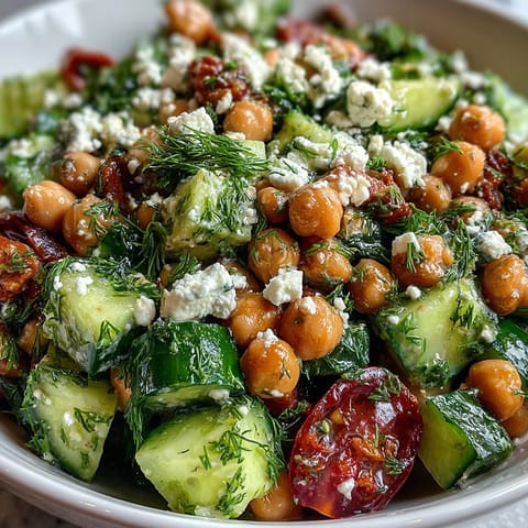Easy Chickpea Cucumber Salad with Feta and Tomatoes in a white bowl, showcasing vibrant colors of fresh vegetables, creamy feta, and herbs.  