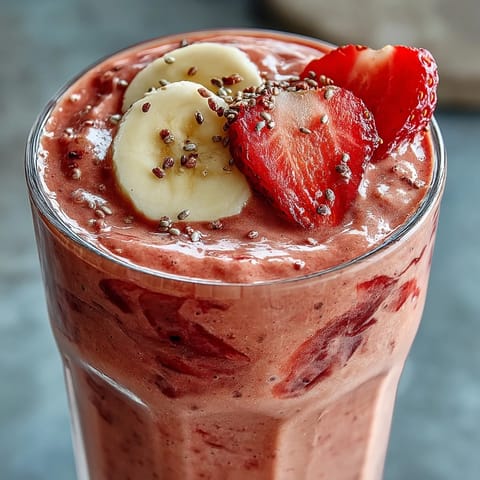 A vibrant, refreshing smoothie blending ripe strawberries and bananas with vanilla protein and chia seeds for energy.
