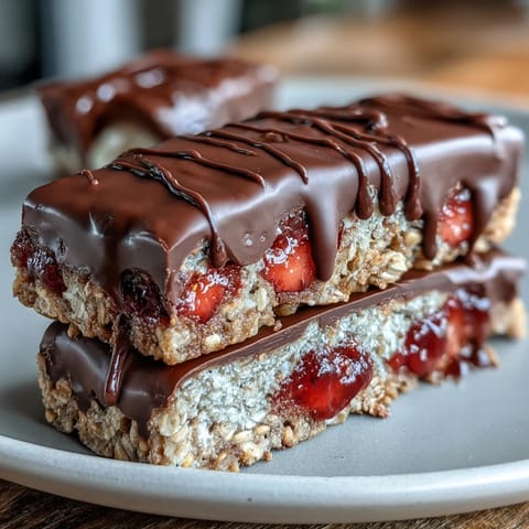 Decadent chocolate-dipped strawberry oat bars with chewy oats and sweet jam, perfect for a healthy dessert.