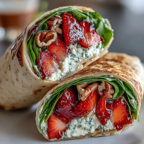 Vibrant spinach and strawberry wraps layered with tangy goat cheese, drizzled with balsamic glaze, perfect for a healthy vegetarian lunch.  