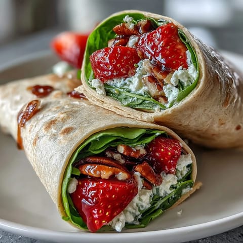 Fresh strawberry spinach wraps with creamy goat cheese crumble, balsamic glaze drizzle, and crunchy pecans for a light, refreshing meal.  