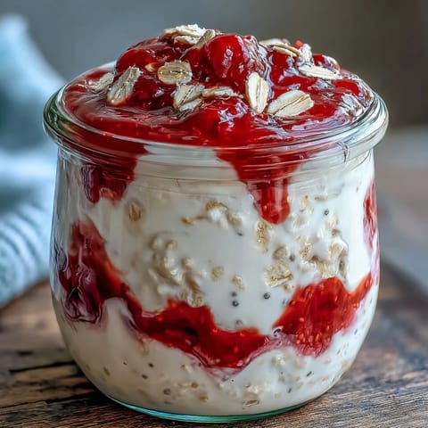 Fluffy yogurt overnight oats with strawberry swirl, creamy and airy, topped with vibrant homemade fruit sauce.