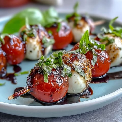 Colorful Picnic Caprese Skewers with balsamic drizzle, showcasing cherry tomatoes, mozzarella, and fresh basil for a vibrant outdoor appetizer.  