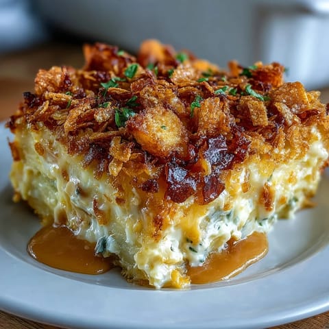 Jalapeño Cheddar Funeral Potatoes with golden cornflake topping in a baking dish, cheesy and spicy comfort food for gatherings.
