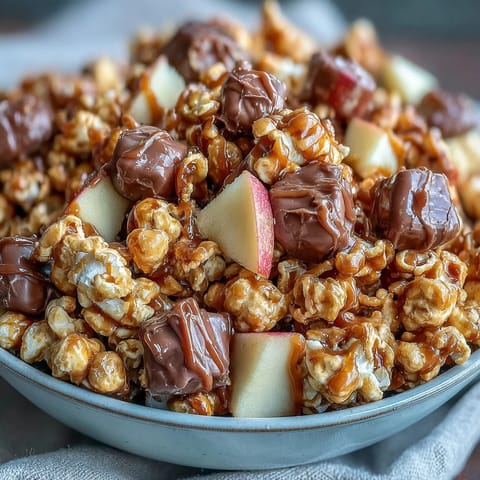 Caramel Candy Apple Popcorn Mix with dried apples and candy-coated chocolates in a bowl.