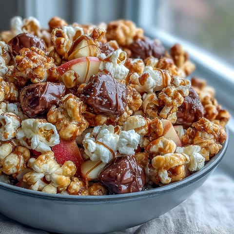 Sweet and crunchy caramel popcorn mix with colorful candy pieces and dried apple rings.