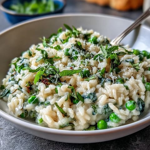 Spring Dinner Party Pea and Mint Risotto with Parmesan, a vibrant vegetarian main dish, showcasing creamy Arborio rice, fresh peas, and fragrant mint.
