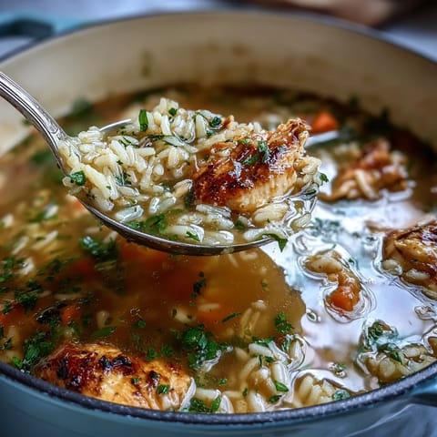 Easy Chicken Run One-Pot Chicken and Rice Soup with tender chicken, hearty rice, and fresh vegetables simmering in a savory broth.