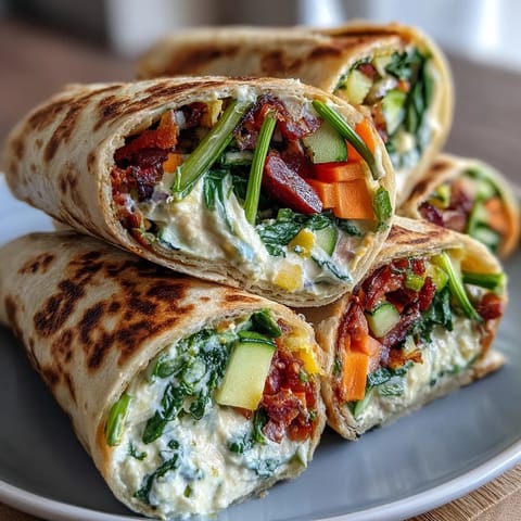 Vibrant rainbow veggie wraps with colorful bell peppers, carrots, and spinach, rolled in whole wheat tortillas for a healthy lunch.