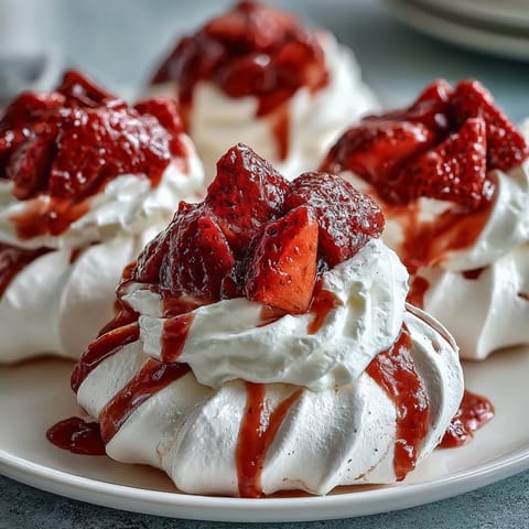 A crisp and chewy strawberry pavlova topped with billowy whipped cream and juicy fresh strawberries.