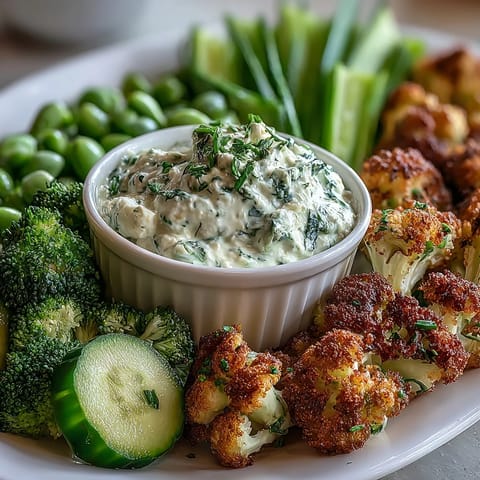 Fresh green snack board with cucumber, snap peas, and avocado ranch dip for a healthy appetizer.