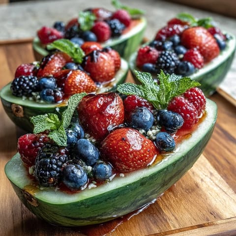 Vibrant watermelon carving board brimming with fresh berries and mint, perfect for summer gatherings and healthy snacking.