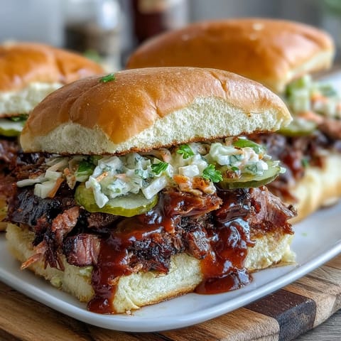 Smoky BBQ brisket sliders on soft buns with tangy sauce and crunchy slaw, ideal for parties or celebrations.  