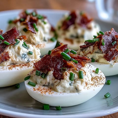 Creamy ranch and bacon deviled eggs garnished with paprika, a delicious appetizer for gatherings.