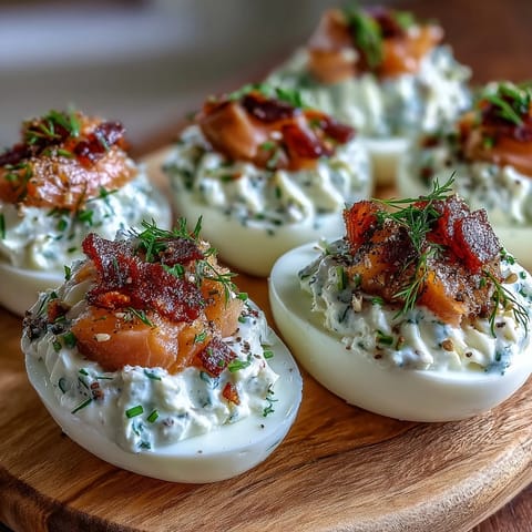 Creamy deviled eggs topped with smoked salmon and everything bagel seasoning for a savory brunch bite.