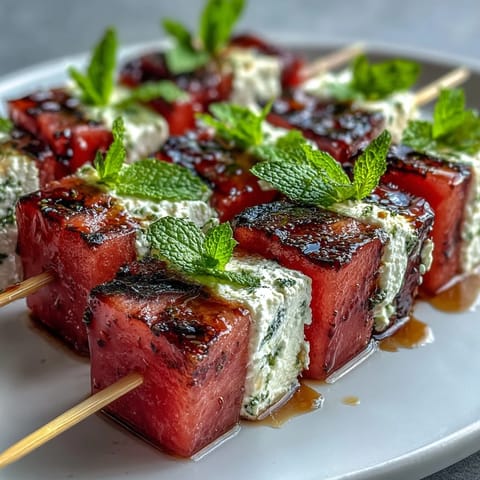 Juicy watermelon cubes and creamy feta cheese on skewers, garnished with fresh mint for a vibrant summer appetizer.