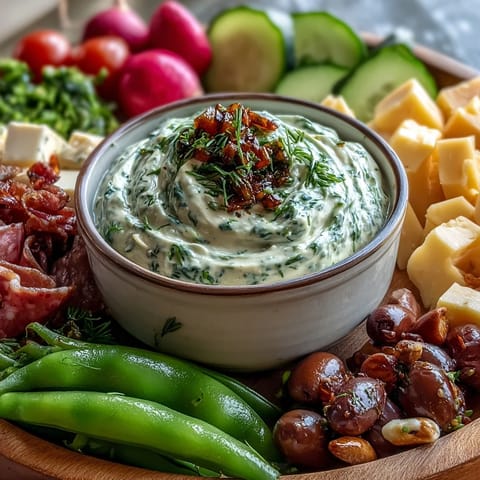 Vibrant spring charcuterie board with radishes, peas, and herb dip, perfect for fresh gatherings.  