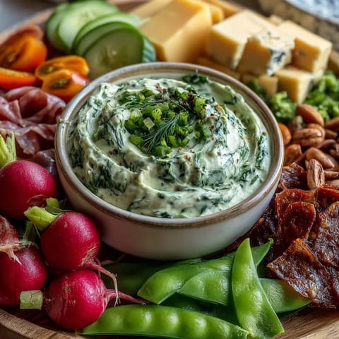 Fresh spring charcuterie board featuring radishes, peas, and herb dip for a colorful appetizer.  