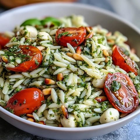 Cold Pesto Orzo Salad with cherry tomatoes and mozzarella, tossed in fragrant basil pesto, perfect for picnics or potlucks.