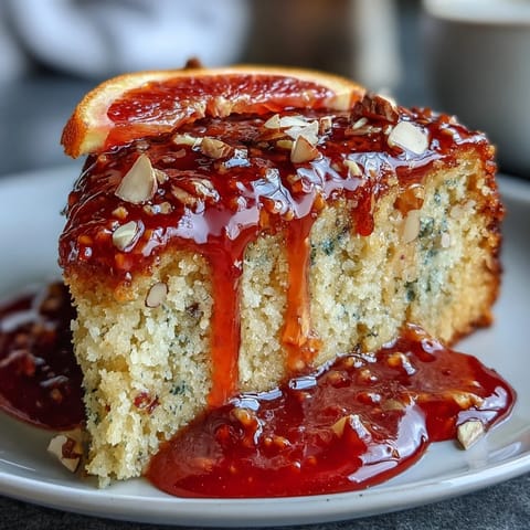 A moist gluten-free blood orange polenta cake with a vibrant pink citrus glaze and almond flour base.  
