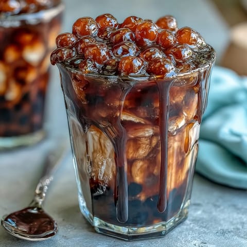 A creamy glass of brown sugar boba milk tea with chewy tapioca pearls and rich syrup swirls.