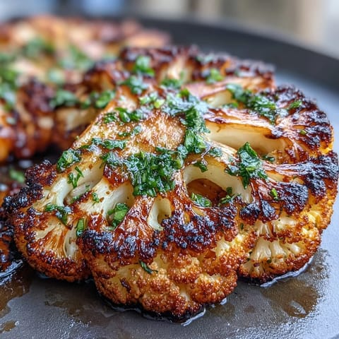 Charred cauliflower steaks with bold spices and vibrant chimichurri, served as a hearty plant-based centerpiece on a platter.  