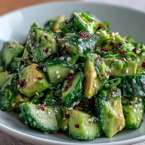 A vibrant bowl of smashed cucumber and avocado salad, drizzled with sesame dressing and topped with green onions and sesame seeds.