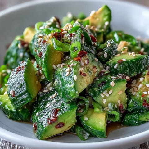 Creamy avocado and crisp smashed cucumbers tossed in a tangy sesame dressing, garnished with fresh herbs and a sprinkle of chili flakes.