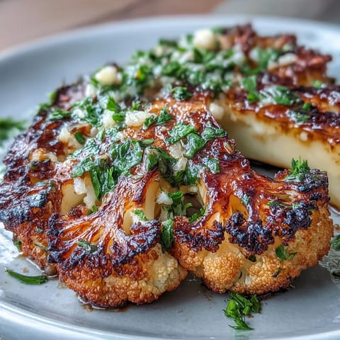 Smoky BBQ cauliflower steaks grilled until tender and topped with fresh, zesty chimichurri sauce for a vegan main dish.  