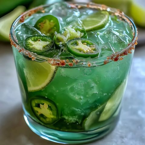 Viral Pickle Margarita Mocktail with jalapeño rim, perfectly chilled and garnished.