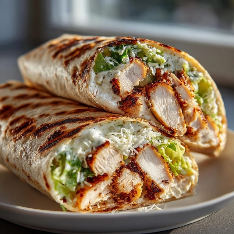 Crisp chicken Caesar wraps bursting with fresh romaine and tangy dressing drizzle.