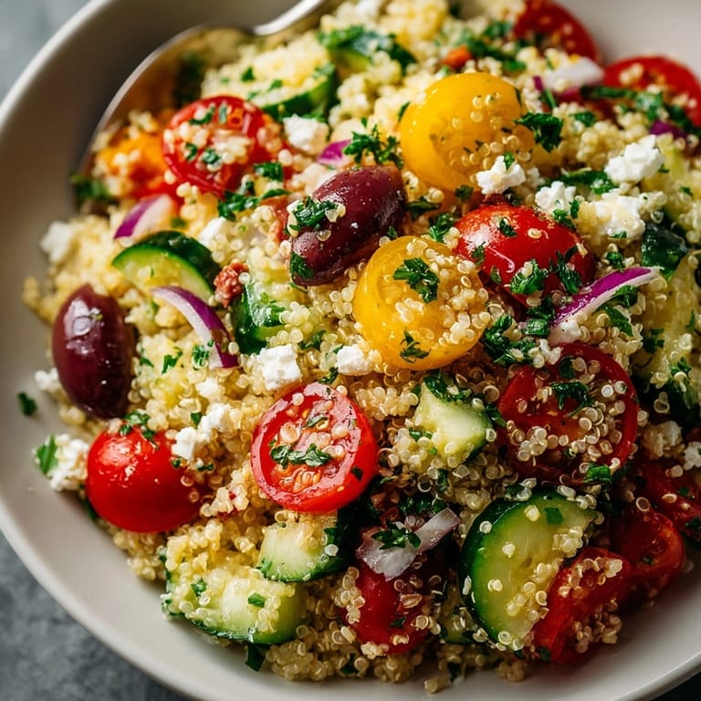 Fresh and zesty Lemon Herb Quinoa Salad with colorful vegetables; summer eating!
