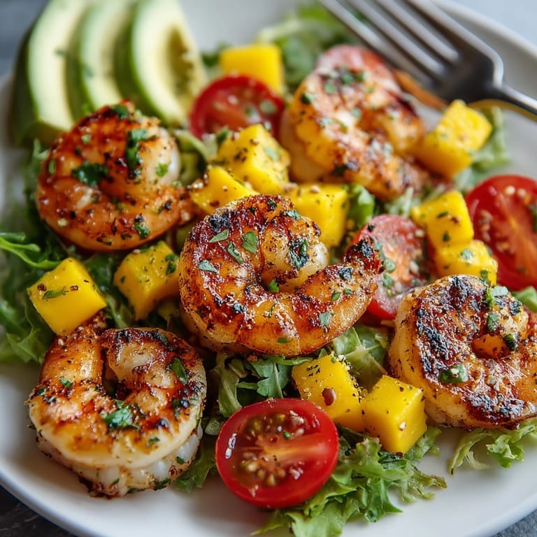 Tangy Grilled Shrimp Mango Salad with cilantro-lime dressing, ready to be served.