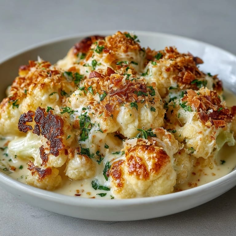 Homemade Cheesy Cauliflower Gratin, a comforting low-carb side dish ready to be served.