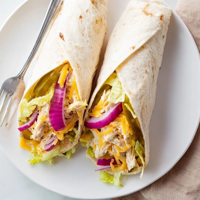 Close-up of delicious Ranch Pickle Chicken Melt Wrap, overflowing with chicken and cheese.