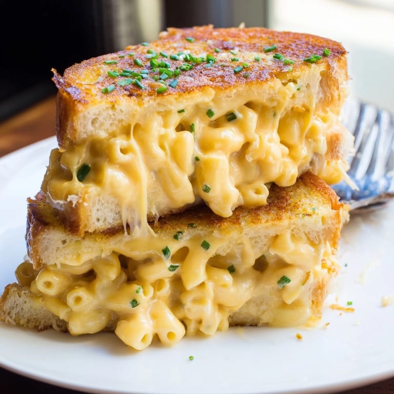 Creamy, comforting Mac and Cheese Stuffed French Toast plated with chives and hot sauce.