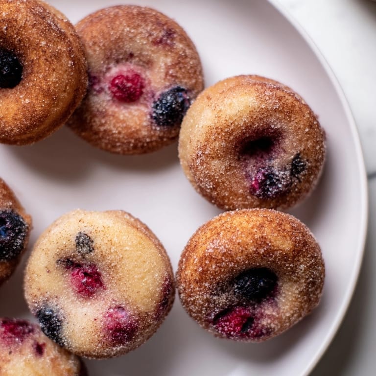 Close-up of Protein Cinnamon Berry Doughnuts showing tender crumb, fruity bits, and cinnamon swirl.