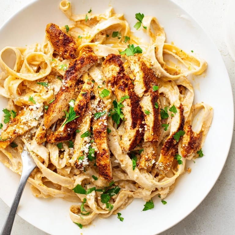 Close-up of savory Cajun Spiced Turkey Alfredo garnished with fresh parsley.