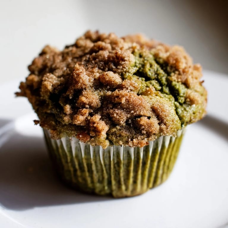 Earthy Matcha Pumpkin Muffins, soft and tender, crowned with a crunchy streusel layer.