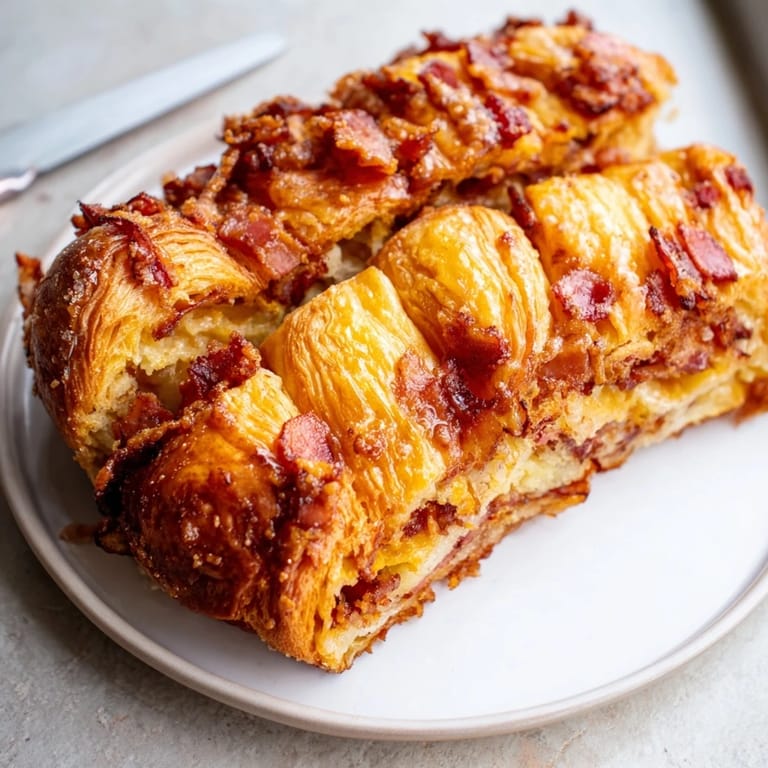 Decadent maple bacon croissant loaf, warm and inviting, served with whipped cream.  