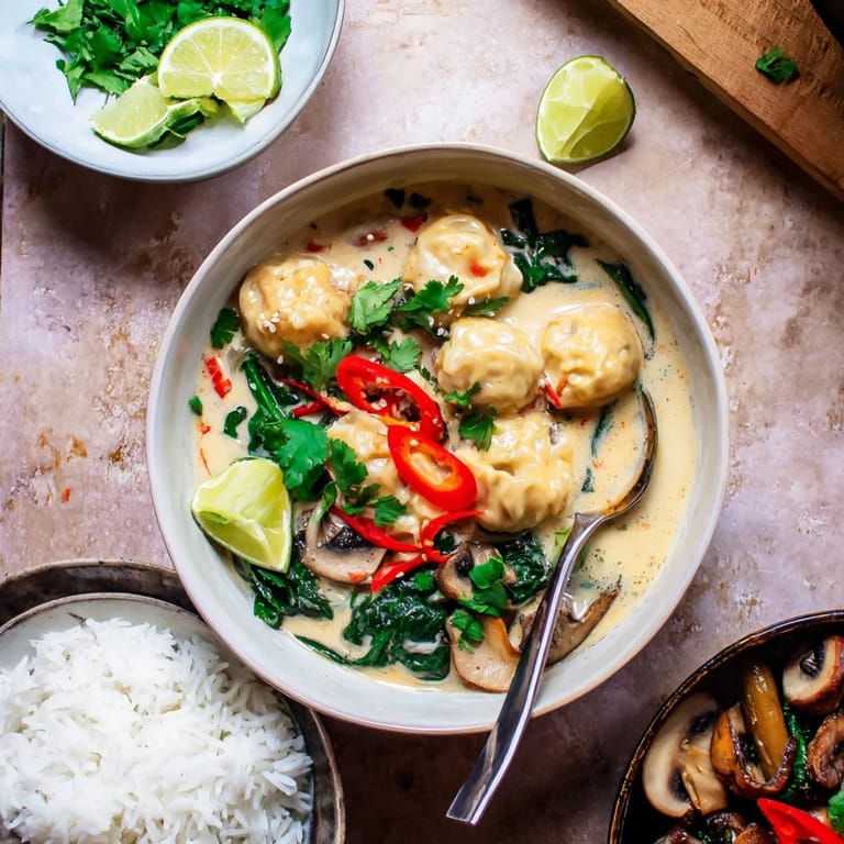Comforting soup featuring tender meatballs in rich coconut broth with colorful vegetables.  