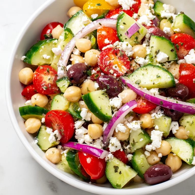 Chilled Greek salad with protein-rich chickpeas, bursting with tomatoes and olives.