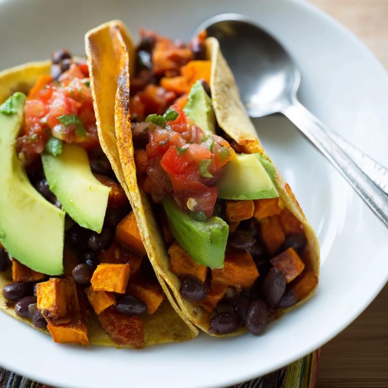 Warm Sweet Potato Black Bean Tacos piled high with fresh ingredients and seasonings.
