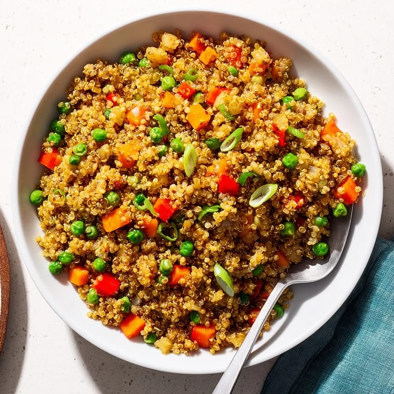 Delicious Veggie Fried Quinoa combines crispy vegetables and savory soy sauce for flavor.