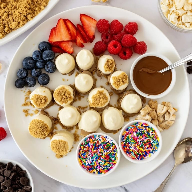 Interactive cheesecake bites dessert board overflowing with rich flavors and sweet toppings.  
